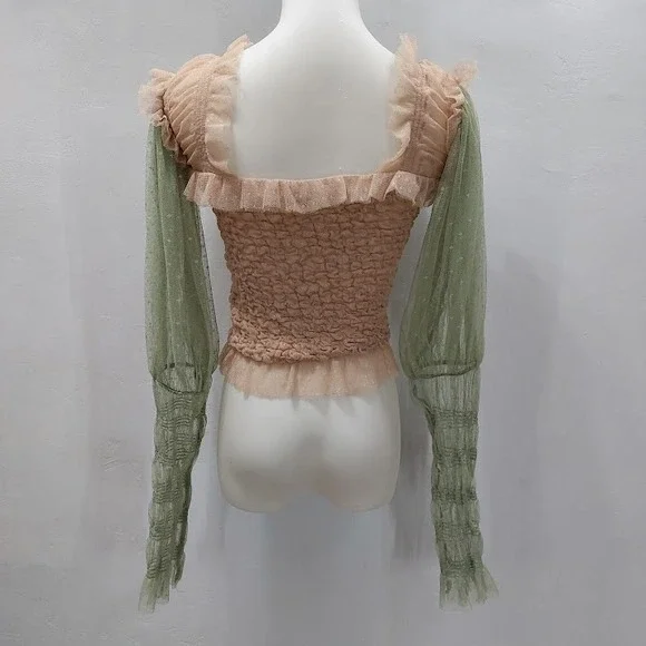 Free People Nothing Sweeter Top Fairycore Whimsical Women's XS Pink Mesh Ruffle - Picture 3 of 10